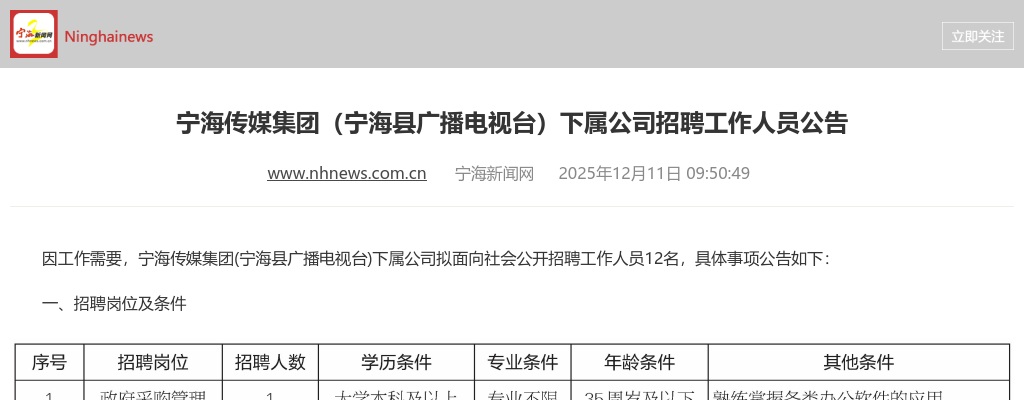 浙江国企招聘-2025年宁波宁海传媒集团（宁海县广播电视台）下属公司招聘工作人员12人公告 图片